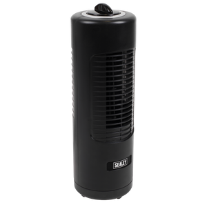 A sleek black Oscillating Desk Tower Fan 12" 230V - STF12C with horizontal vents and a top control knob, perfect for desktop use. Branded "Sealey" on the front, this portable tower fan offers 2-speed settings for optimal comfort.