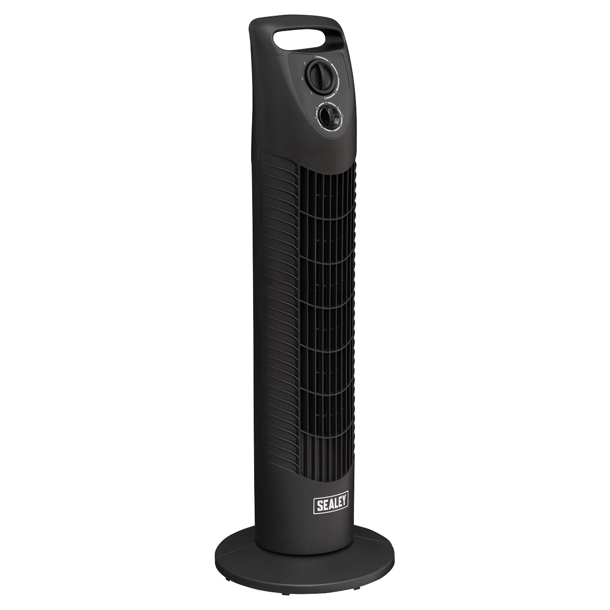 A 30" oscillating tower fan from Sealey, model STF30, in a sleek black design with a sturdy base and vertical grille. It features powerful air distribution, two control dials at the top, and a convenient carrying handle. The Sealey brand name is prominently displayed at the bottom.