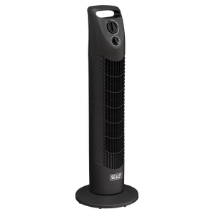 A 30" oscillating tower fan from Sealey, model STF30, in a sleek black design with a sturdy base and vertical grille. It features powerful air distribution, two control dials at the top, and a convenient carrying handle. The Sealey brand name is prominently displayed at the bottom.