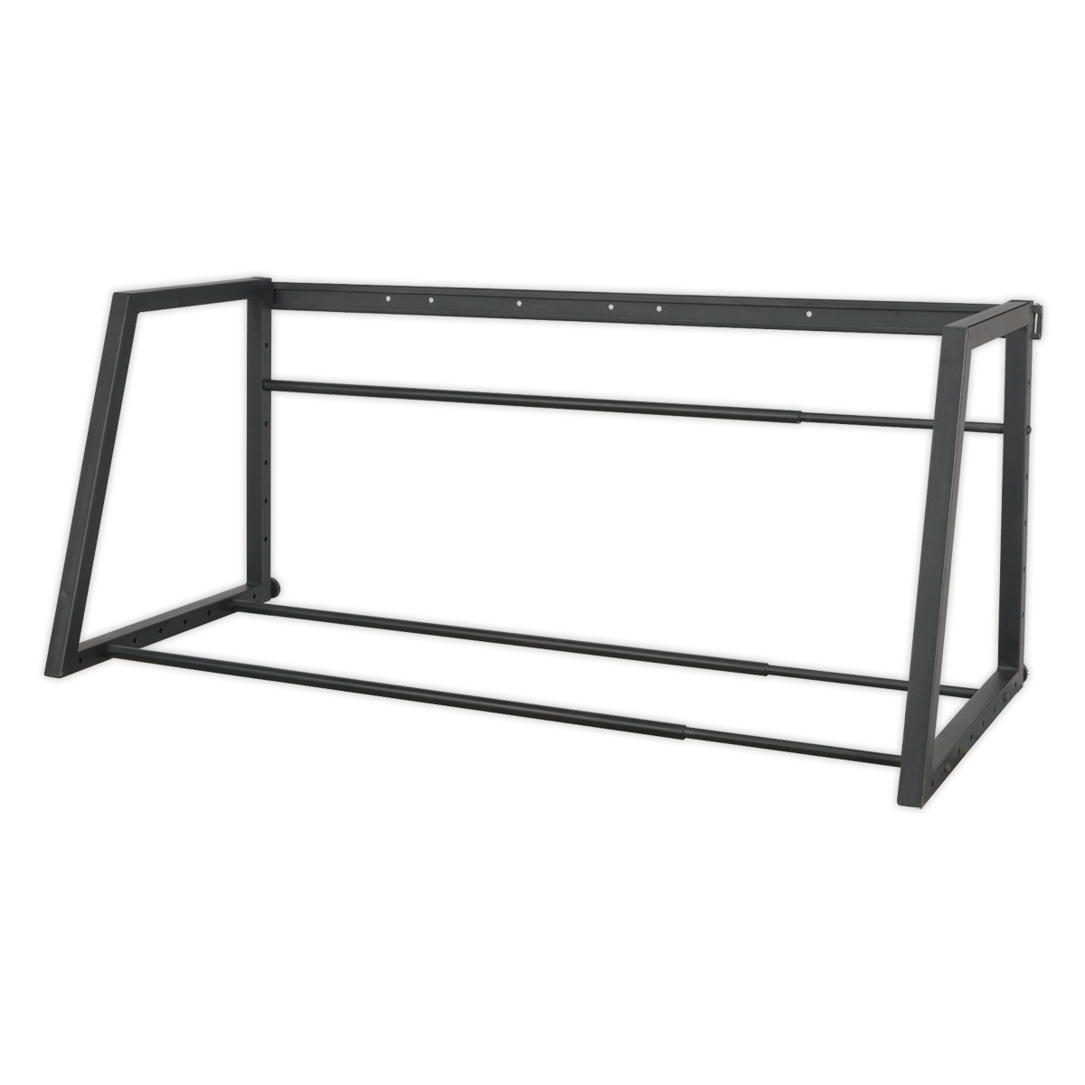 Sealey's Extending Tyre Rack Wall or Floor Mounting - STR001 features a black powder-coated metal frame with an angled design, two horizontal support bars, an open structure, and adjustable width for added versatility.