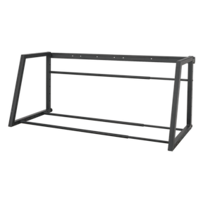 Sealey's Extending Tyre Rack Wall or Floor Mounting - STR001 features a black powder-coated metal frame with an angled design, two horizontal support bars, an open structure, and adjustable width for added versatility.
