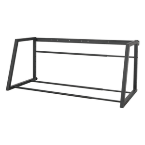 Sealey's Extending Tyre Rack Wall or Floor Mounting - STR001 features a black powder-coated metal frame with an angled design, two horizontal support bars, an open structure, and adjustable width for added versatility.