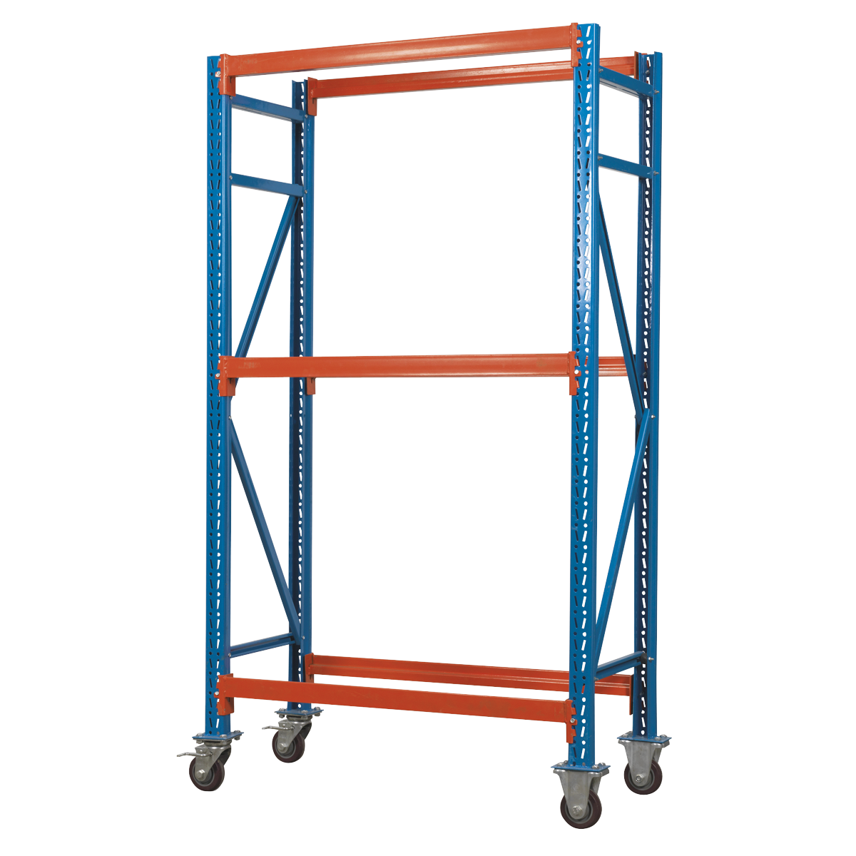 The Sealey 2-Level Mobile Tyre Rack (STR007) features a robust steel construction for durability, cross-bracing for stability, and two levels of storage. It is blue and orange in color and built on wheels with a 200kg capacity per level.