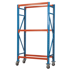 The Sealey 2-Level Mobile Tyre Rack (STR007) features a robust steel construction for durability, cross-bracing for stability, and two levels of storage. It is blue and orange in color and built on wheels with a 200kg capacity per level.