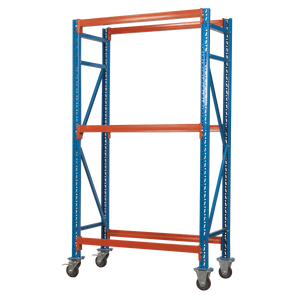 The Sealey 2-Level Mobile Tyre Rack (STR007) features a robust steel construction for durability, cross-bracing for stability, and two levels of storage. It is blue and orange in color and built on wheels with a 200kg capacity per level.