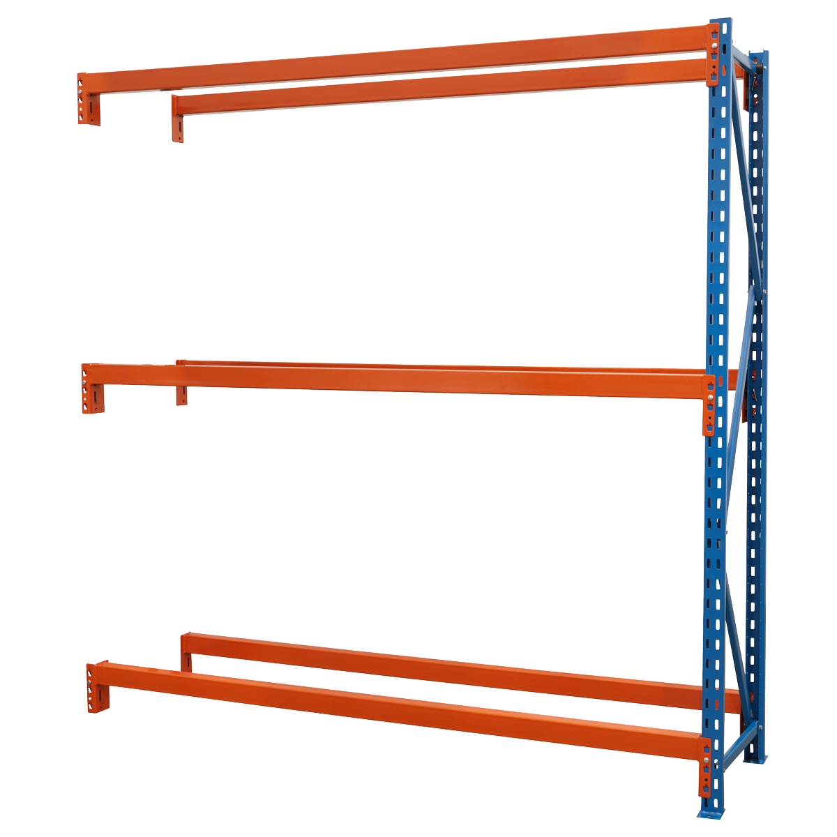 The Sealey Tyre Rack Extension Two Level 200kg Capacity Per Level - STR600E, featuring a blue and orange design with three horizontal beams, is ideal for industrial tyre storage.