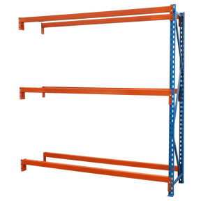 The Sealey Tyre Rack Extension Two Level 200kg Capacity Per Level - STR600E, featuring a blue and orange design with three horizontal beams, is ideal for industrial tyre storage.