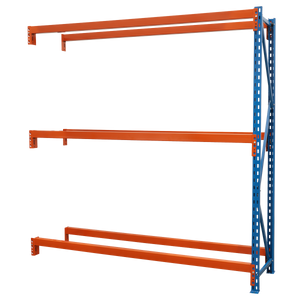 The Sealey Tyre Rack Extension Two Level 200kg Capacity Per Level - STR600E, featuring a blue and orange design with three horizontal beams, is ideal for industrial tyre storage.