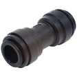 The Sparex STRAIGHT CONNECTOR 10MM - S.12618 is a black plastic plumbing coupling fitting with a nominal O.D., featuring two ends designed for connecting pipes within a specific pressure range.