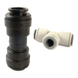 Two plastic push-fit pipe connectors; one black straight connector (STRAIGHT CONNECTOR 12MM - S.12620 by Sparex) and one white T-shaped connector with black and white detailing. Suitable for 12mm OD pipes, these connectors operate seamlessly in temperatures ranging from -25°C to 75°C and pressures between 0-10 bar.