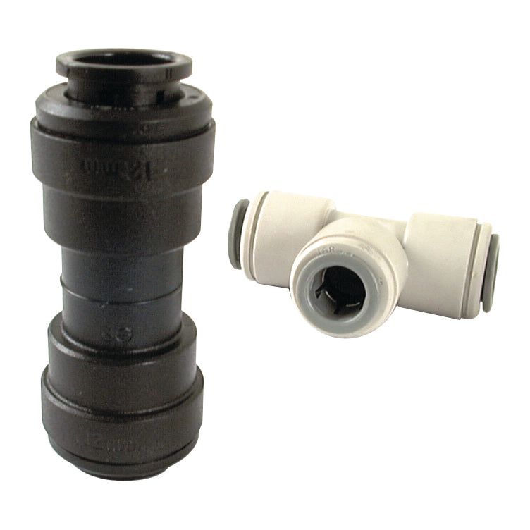 Two plastic push-fit pipe connectors; one black straight connector (STRAIGHT CONNECTOR 12MM - S.12620 by Sparex) and one white T-shaped connector with black and white detailing. Suitable for 12mm OD pipes, these connectors operate seamlessly in temperatures ranging from -25°C to 75°C and pressures between 0-10 bar.