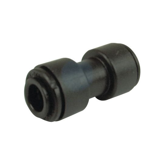 A black 8mm push-to-connect pneumatic fitting with two openings, the Equal Straight Connector - 8mm by Sparex (Sparex Part No. S.12616).