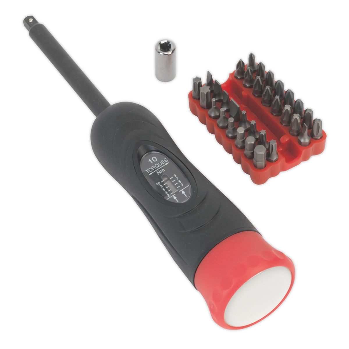 A black and red Torque Screwdriver Set from Sealey, featuring 34 pieces including interchangeable bits and an additional socket piece, specifically designed for automotive applications.