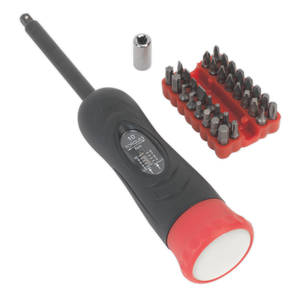 A black and red Torque Screwdriver Set from Sealey, featuring 34 pieces including interchangeable bits and an additional socket piece, specifically designed for automotive applications.