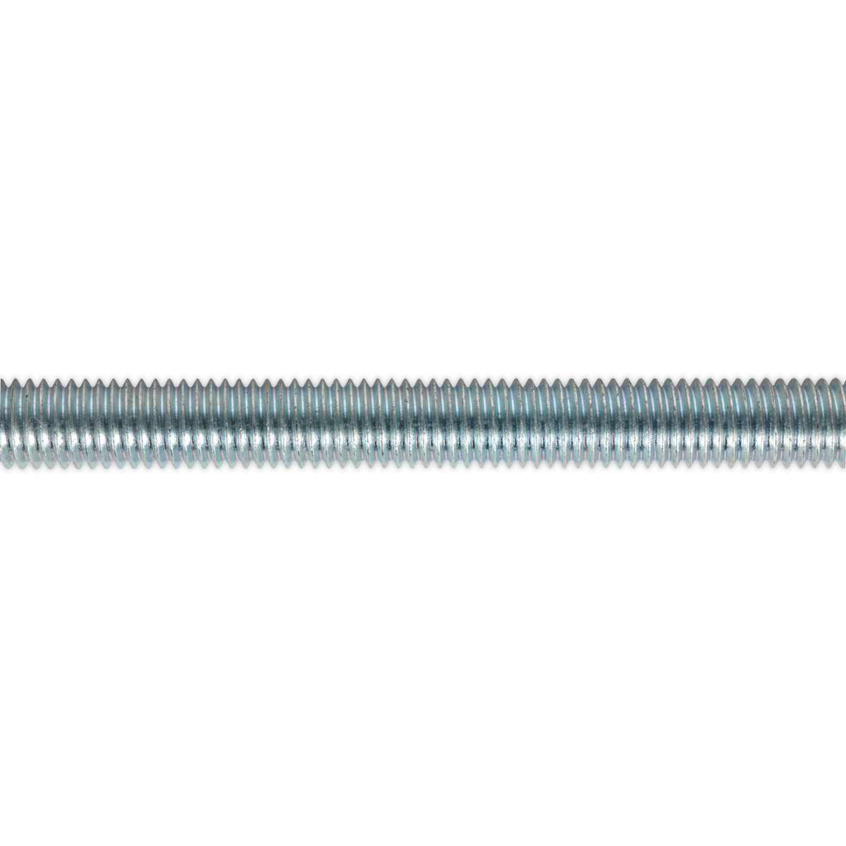 A close-up of the Sealey Studding M10 x 1m Zinc (Pack of 5 - STUD10), showcasing its fine, evenly spaced threads and high tensile strength steel composition.