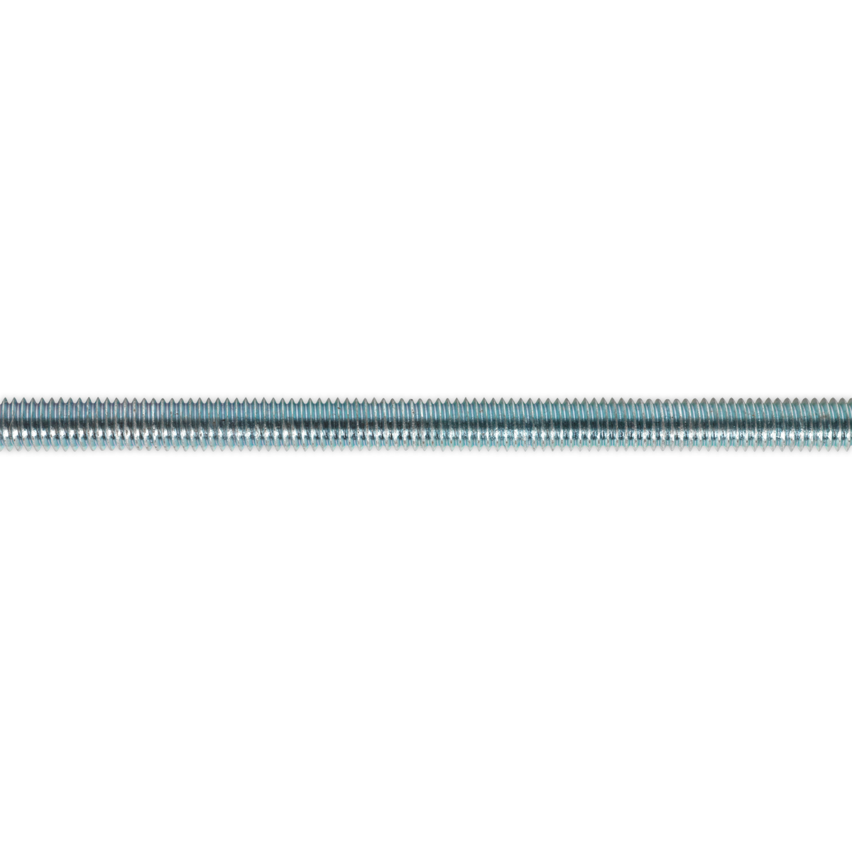 A close-up image of a Sealey Studding M6 x 1m Zinc threaded rod from the STUD6 pack of 5, laid horizontally against a white background.