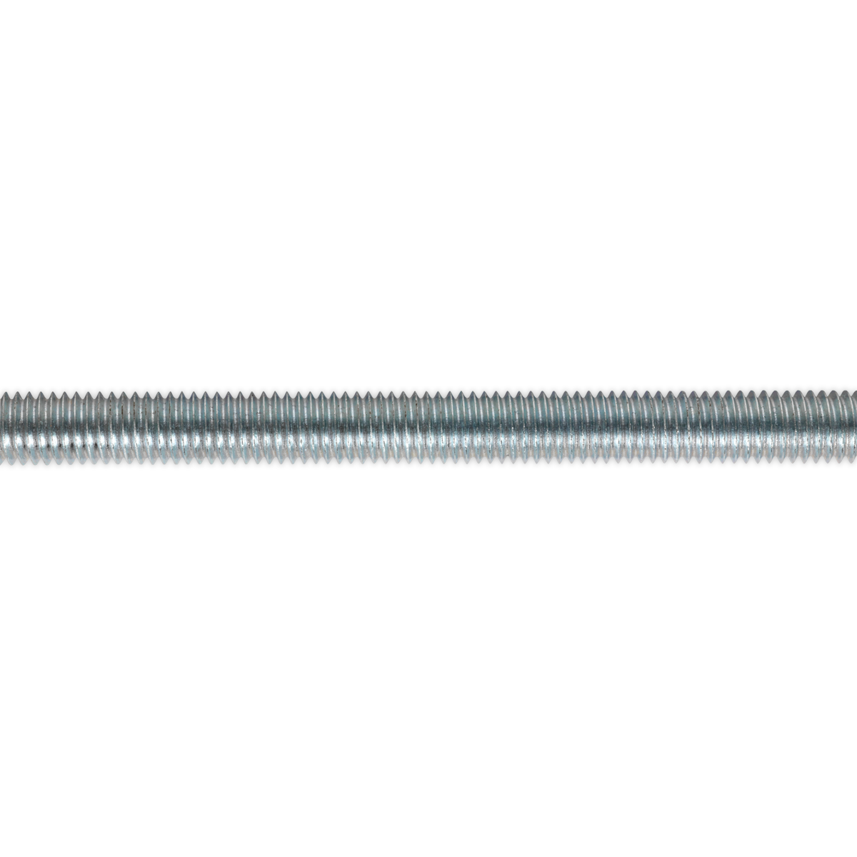 The Sealey Studding M8 x 1m Zinc Pack of 5 - STUD8 is a zinc-plated, high tensile strength steel rod featuring a continuous helical thread pattern, displayed horizontally against a white background.