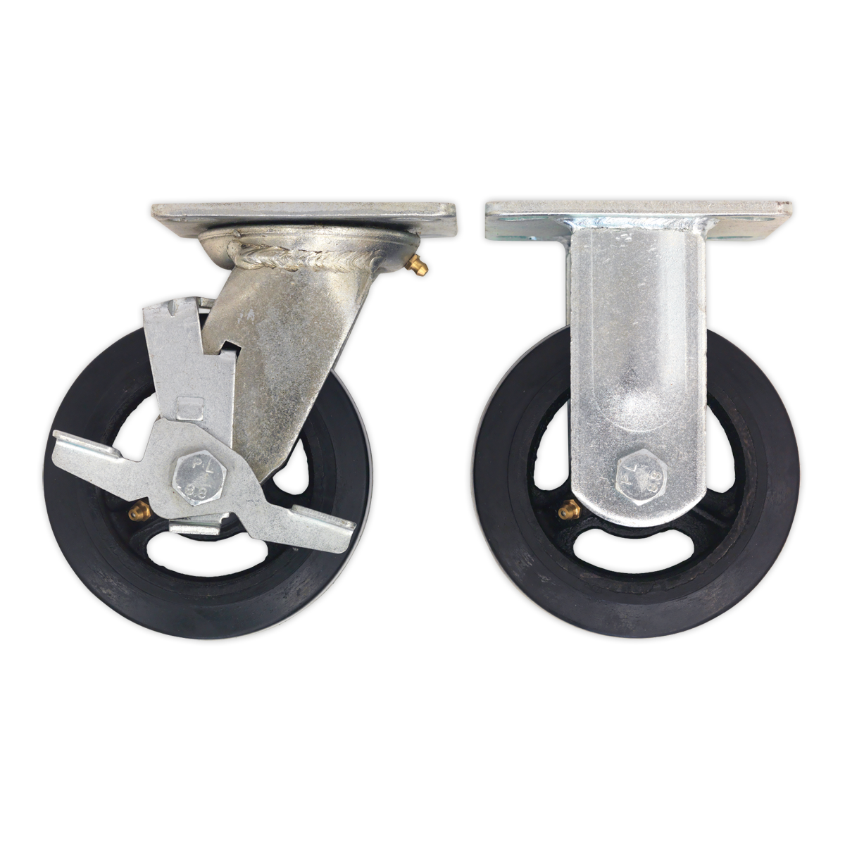 The Sealey Castor Wheel Kit for SSB06, SSB07 & STV01 - STVWK features two black and silver heavy-duty castor wheels displayed side by side; one equipped with a brake mechanism for locking, the other without.