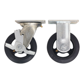 The Sealey Castor Wheel Kit for SSB06, SSB07 & STV01 - STVWK features two black and silver heavy-duty castor wheels displayed side by side; one equipped with a brake mechanism for locking, the other without.