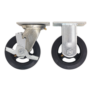 The Sealey Castor Wheel Kit for SSB06, SSB07 & STV01 - STVWK features two black and silver heavy-duty castor wheels displayed side by side; one equipped with a brake mechanism for locking, the other without.