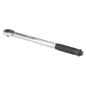 Introducing the Sealey Torque Wrench Micrometer Style 3/8"Sq Drive 7-112Nm(5-83lb.ft) - STW1011, a precision tool renowned for its calibrated accuracy. This torque wrench comes with a robust metallic handle and a black grip, featuring a Chrome Vanadium steel ratchet head and a square drive at one end.