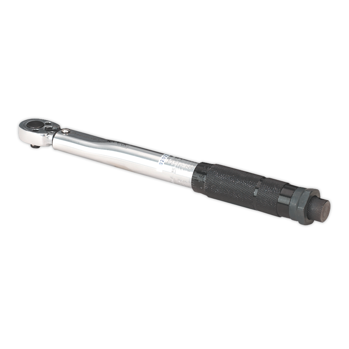 The Sealey Torque Wrench Micrometer Style 1/4"Sq Drive 5-25Nm(44-221lb.in) - Calibrated - STW101 features a sleek silver and black design with a cylindrical handle and a ratchet head, crafted from durable Chrome Vanadium steel.