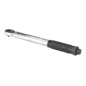 The Sealey Torque Wrench Micrometer Style 1/4"Sq Drive 5-25Nm(44-221lb.in) - Calibrated - STW101 features a sleek silver and black design with a cylindrical handle and a ratchet head, crafted from durable Chrome Vanadium steel.