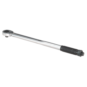 The Sealey Torque Wrench Micrometer Style 1/2" Sq Drive 40-210Nm (30-155lb.ft) - Calibrated (STW102) is a chrome tool with a black handle designed for tightening bolts to a specific torque. This premier hand tool features precise calibration tolerance and comes with a lifetime guarantee, ensuring reliability and accuracy for all your projects.