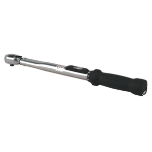 The Torque Wrench Locking Micrometer Style 3/8"Sq Drive 10-110Nm (10-80lb.ft) Calibrated - STW200 from Sealey features a silver finish with a black handle and an adjustable dial near the handle for setting various torque levels, offering precise calibration tolerance as part of Sealey's high-quality range.