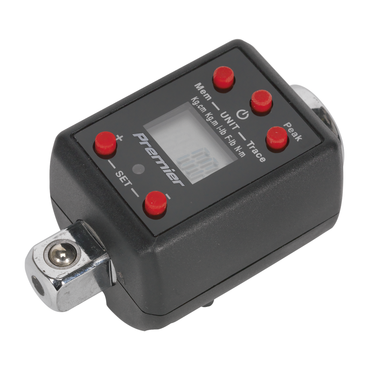 The Sealey Torque Adaptor Digital 1/2"Sq Drive 40-200Nm(29.5-147.5lb.ft) - STW290 features red buttons, an LCD display, and a metallic connector for wrench attachment. This versatile hand tool also includes memory storage for easy tracking of measurements.