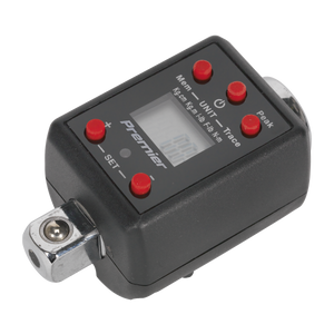 The Sealey Torque Adaptor Digital 1/2"Sq Drive 40-200Nm(29.5-147.5lb.ft) - STW290 features red buttons, an LCD display, and a metallic connector for wrench attachment. This versatile hand tool also includes memory storage for easy tracking of measurements.