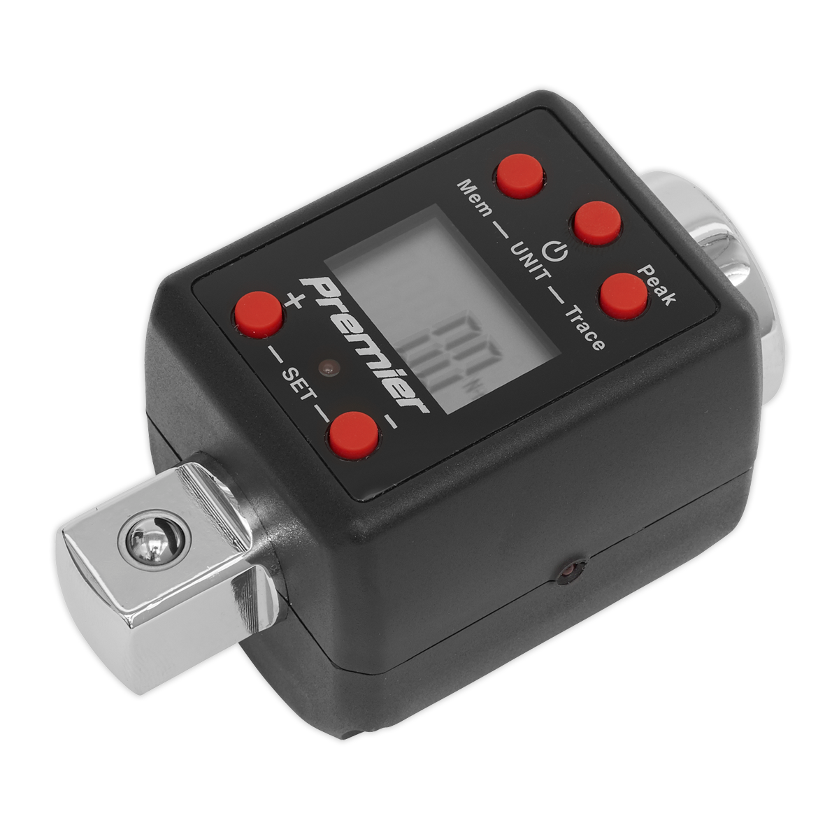 The black digital torque adaptor by Sealey, featuring red buttons and an LCD display showcasing "100." The device is labeled "Sealey" and includes a metal square drive at the bottom for precise torque levels. The product is officially named Torque Adaptor Digital 3/4"Sq Drive 200-1000Nm(147.5-738.5lb.ft) - STW292.