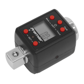 The black digital torque adaptor by Sealey, featuring red buttons and an LCD display showcasing "100." The device is labeled "Sealey" and includes a metal square drive at the bottom for precise torque levels. The product is officially named Torque Adaptor Digital 3/4"Sq Drive 200-1000Nm(147.5-738.5lb.ft) - STW292.