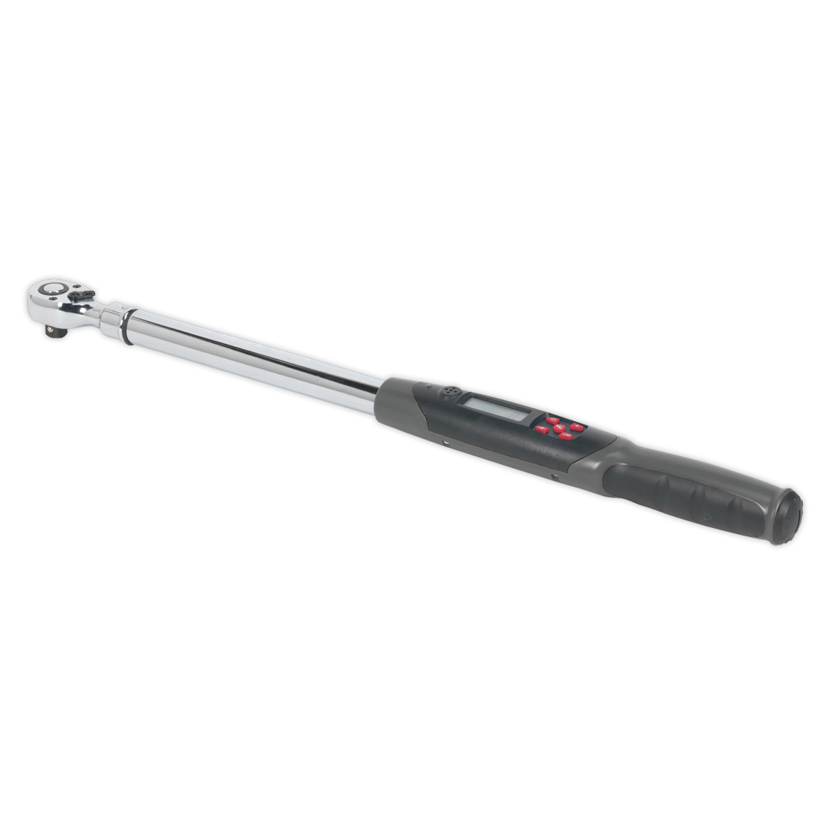 The Sealey Angle Torque Wrench Digital 1/2"Sq Drive 20-200Nm(14.7-147.5lb.ft) - STW306 is designed for professional use, featuring a black handle, an LCD read-out display, and a durable metal shaft.