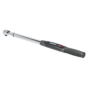 The Sealey Angle Torque Wrench Digital 1/2"Sq Drive 20-200Nm(14.7-147.5lb.ft) - STW306 is designed for professional use, featuring a black handle, an LCD read-out display, and a durable metal shaft.