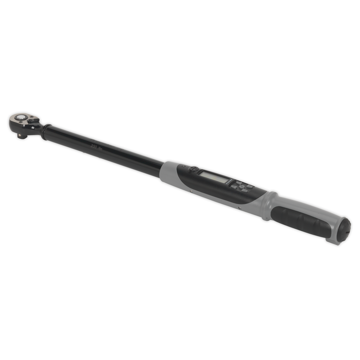 The Angle Torque Wrench Digital 1/2"Sq Drive 20-200Nm(14.7-147.5lb.ft) Black Series - STW306B by Sealey features an ergonomic handle and a clear LCD display, making it a must-have in the realm of professional hand tools. Additionally, its reversible ratchet function enhances versatility in various applications.