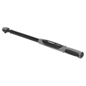 The Angle Torque Wrench Digital 1/2"Sq Drive 20-200Nm(14.7-147.5lb.ft) Black Series - STW306B by Sealey features an ergonomic handle and a clear LCD display, making it a must-have in the realm of professional hand tools. Additionally, its reversible ratchet function enhances versatility in various applications.