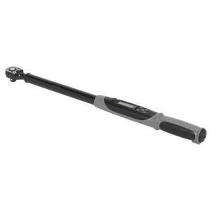 The Angle Torque Wrench Digital 1/2"Sq Drive 20-200Nm(14.7-147.5lb.ft) Black Series - STW306B by Sealey features an ergonomic handle and a clear LCD display, making it a must-have in the realm of professional hand tools. Additionally, its reversible ratchet function enhances versatility in various applications.