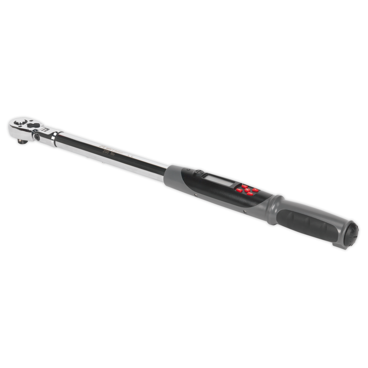 An Angle Torque Wrench Flexi-Head Digital 1/2" Sq Drive with a range of 20-200Nm (14.7-147.5lb.ft), an LCD read-out, and a rubber grip handle by Sealey (model STW309).