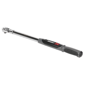 An Angle Torque Wrench Flexi-Head Digital 1/2" Sq Drive with a range of 20-200Nm (14.7-147.5lb.ft), an LCD read-out, and a rubber grip handle by Sealey (model STW309).