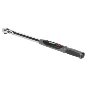 An Angle Torque Wrench Flexi-Head Digital 1/2" Sq Drive with a range of 20-200Nm (14.7-147.5lb.ft), an LCD read-out, and a rubber grip handle by Sealey (model STW309).