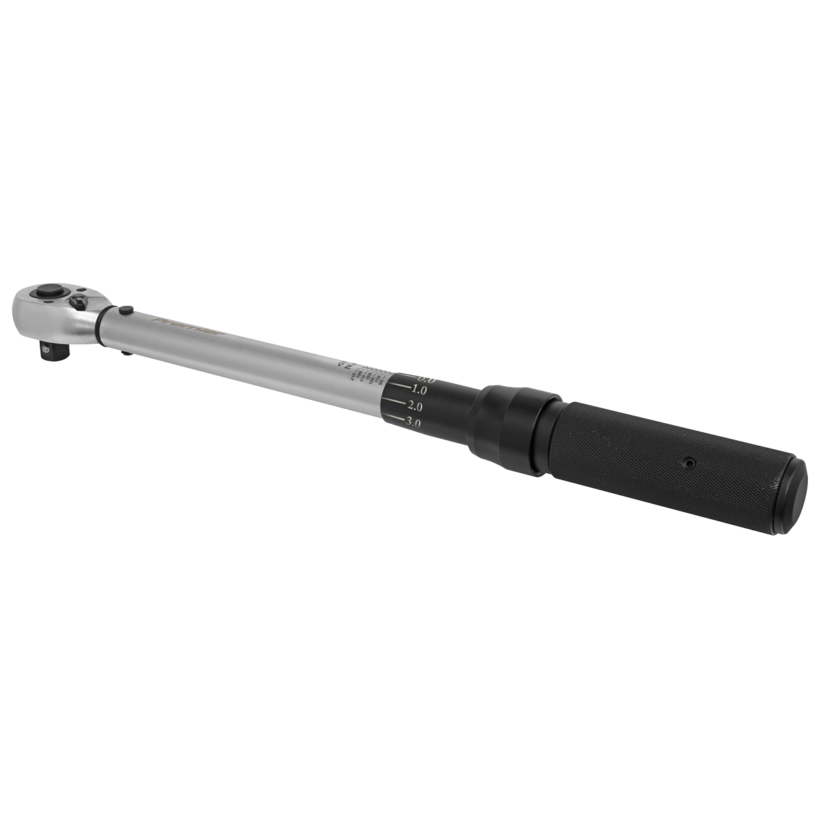 A Sealey Torque Wrench Micrometer Style 40-210Nm with a 1/2" square drive and Chrome Vanadium steel ratchet, featuring a silver metallic finish, black handle, and adjustment markings.