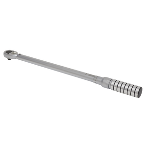 The Torque Wrench Micrometer Style 1/2" Square Drive 60-340Nm - Calibrated - STW704 by Sealey is a long, metallic tool featuring a cylindrical grip, adjustment markings, and a ratcheting head. Expertly crafted from Chrome Vanadium steel, this precision instrument ensures reliable performance and precise calibration tolerance in every use.