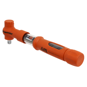 An insulated 3/8" square drive torque wrench with a digital display from Sealey, labeled "STW805," with an optional torque range adjustment of 5-25Nm.