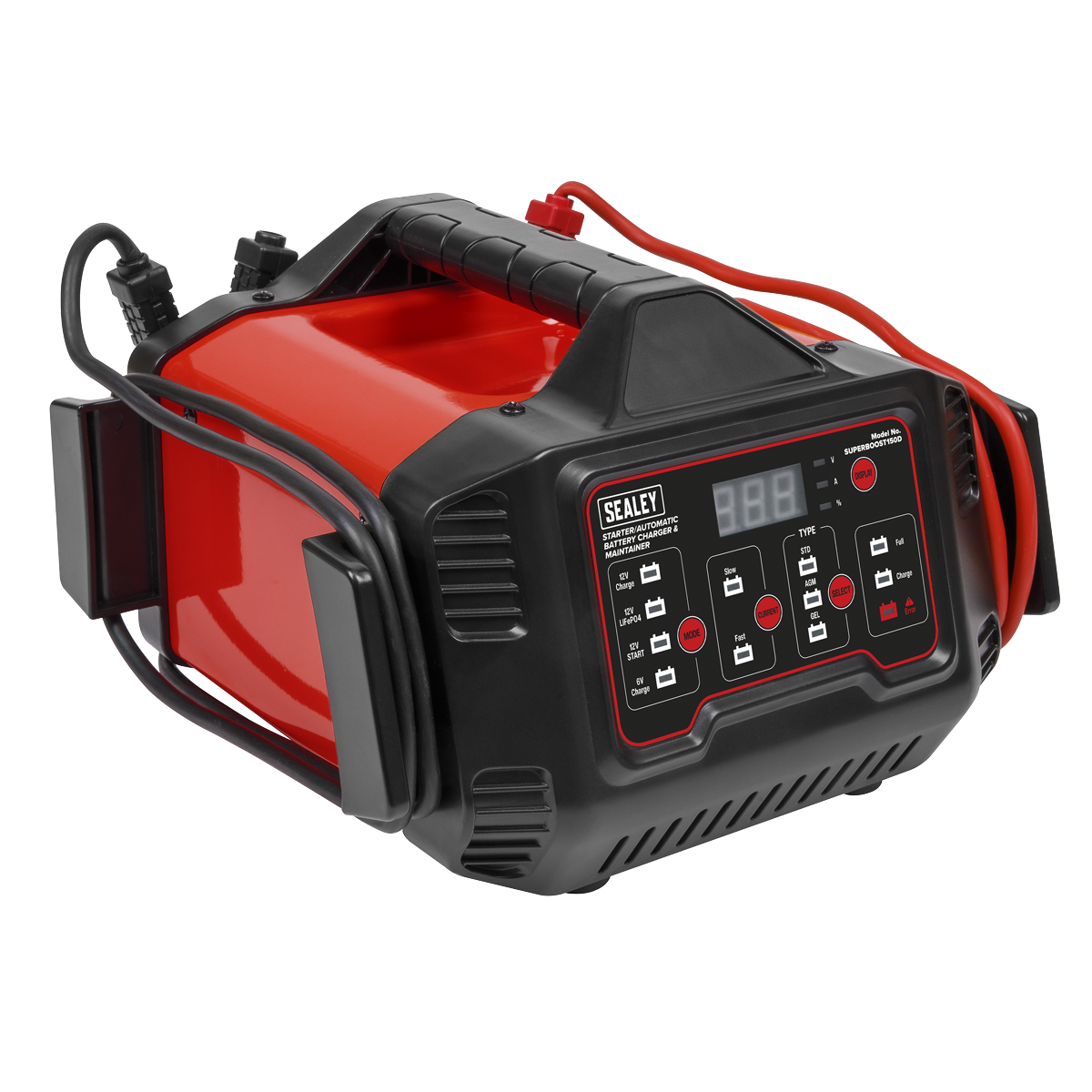 The Sealey 6/12V 150A Starter/15A Automatic Battery Charger & Maintainer - SUPERBOOST150D is a red and black device with a digital display and multiple controls, prominently displaying the brand name "Sealey" and model details on the front panel. It comes with attached cables and clamps, and includes a fast charge program for quick charging needs.