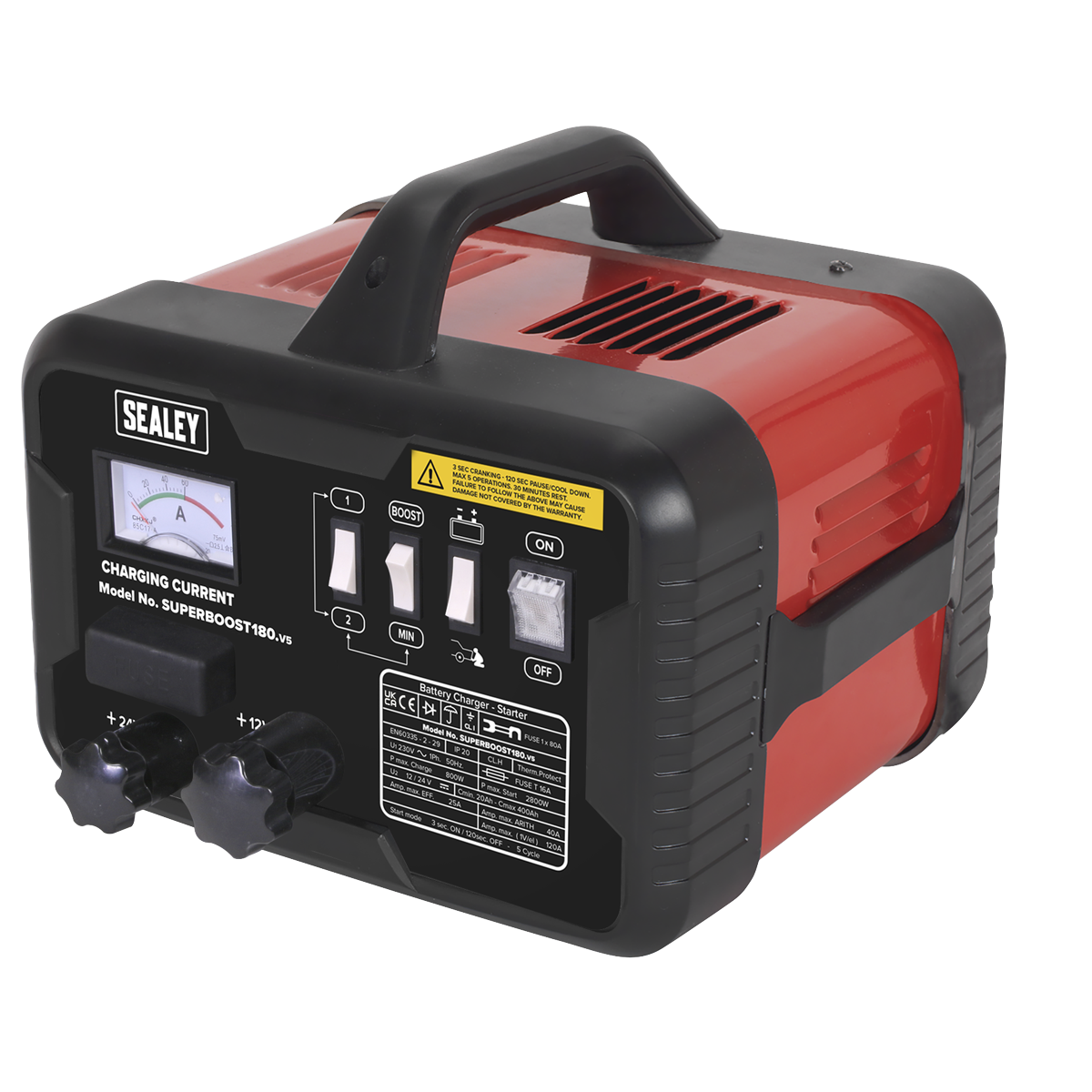 The Sealey Starter/Charger 180/40A 12/24V 230V - SUPERBOOST180, featuring a red and black design, comes with a carrying handle, control switches, an analog meter, and various labels on the front panel that offers a versatile 12/24V output for charging.