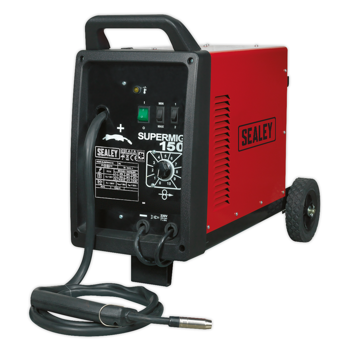 A red and black Sealey Professional MIG Welder 150A 230V - SUPERMIG150, equipped with attached cables and cord, features a maximum power setting, an Argon/CO2 regulator, and is mounted on two wheels for mobility.