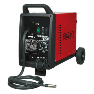 A red and black Sealey Professional MIG Welder 150A 230V - SUPERMIG150, equipped with attached cables and cord, features a maximum power setting, an Argon/CO2 regulator, and is mounted on two wheels for mobility.