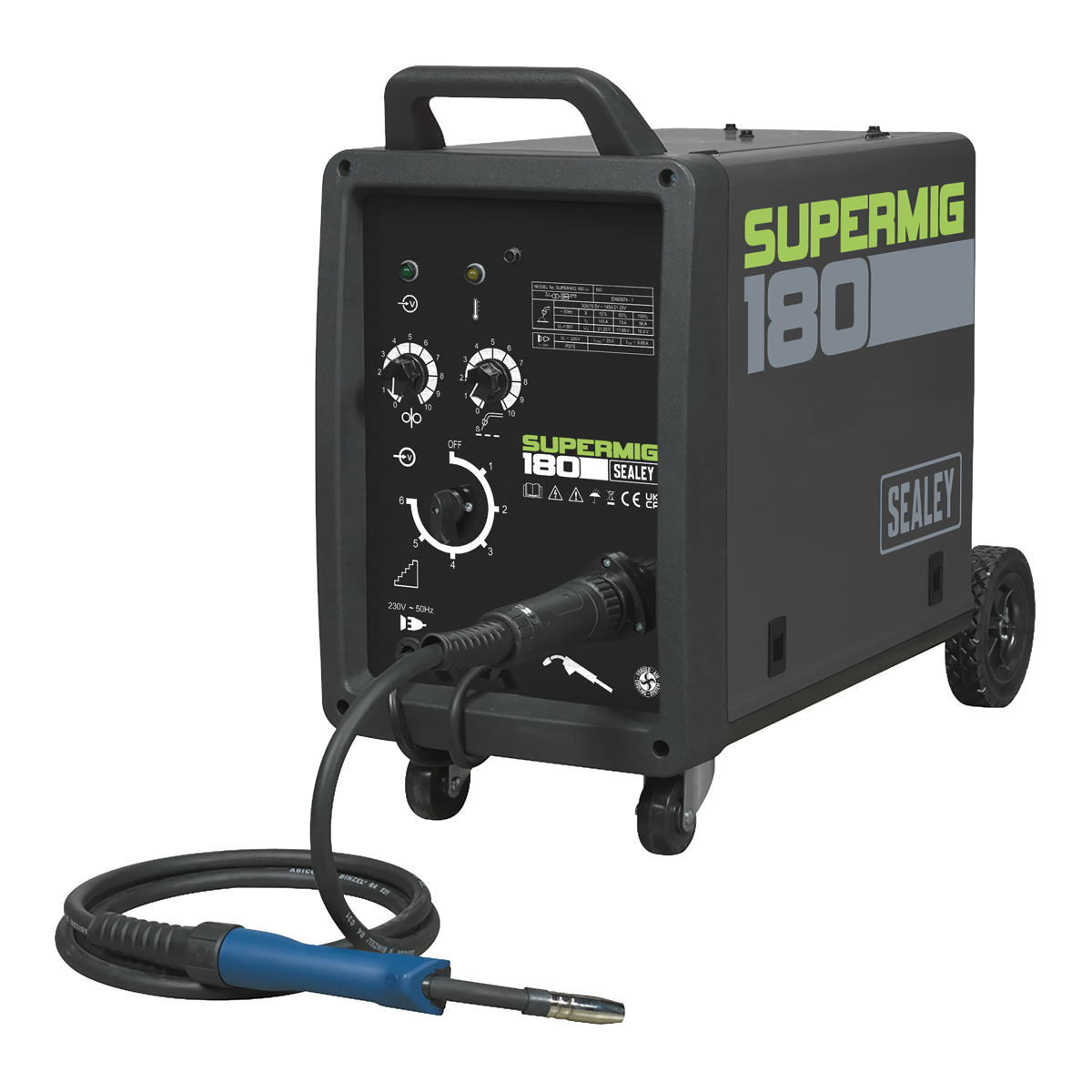 A black Sealey Professional MIG Welder 180A 230V with Binzel® Euro Torch - SUPERMIG180 on wheels, featuring a handle, controls, and a maximum performance of 180A.