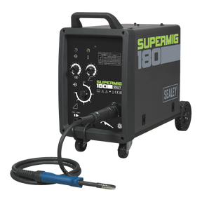 A black Sealey Professional MIG Welder 180A 230V with Binzel® Euro Torch - SUPERMIG180 on wheels, featuring a handle, controls, and a maximum performance of 180A.